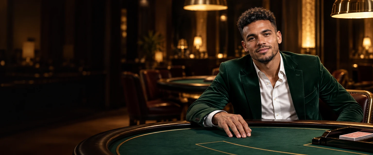 Escena de la marca: un hombre con chaqueta verde junto a una mesa de casino